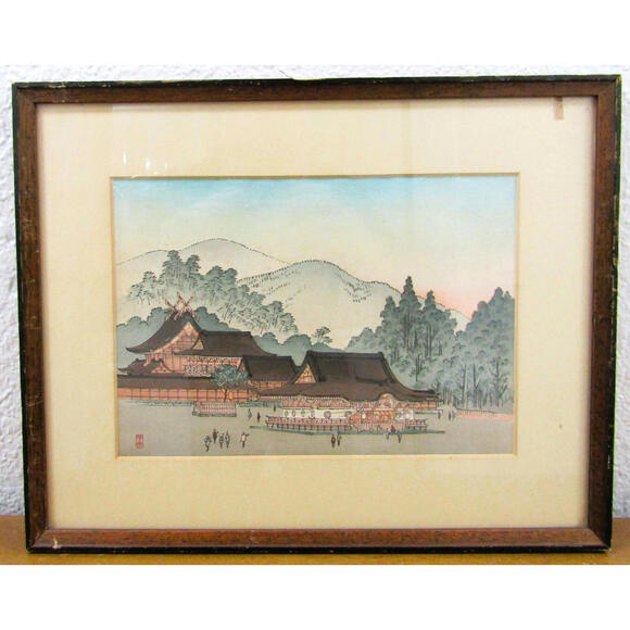 Yoshimune Arai Shinto Shrine circa 1930s Japanese Print Signed Matted Framed